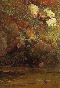 Albert Bierstadt Painting - Ferns and Rocks on an Embankment Albert Bierstadt